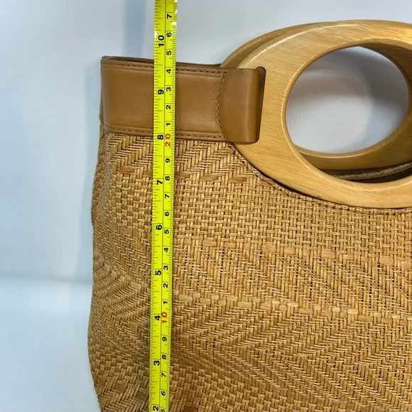 Fossil Handbag Wooven Straw Wood Handle Vintage Y2K Tan Aztec Like Pattern - Picture 4 of 8